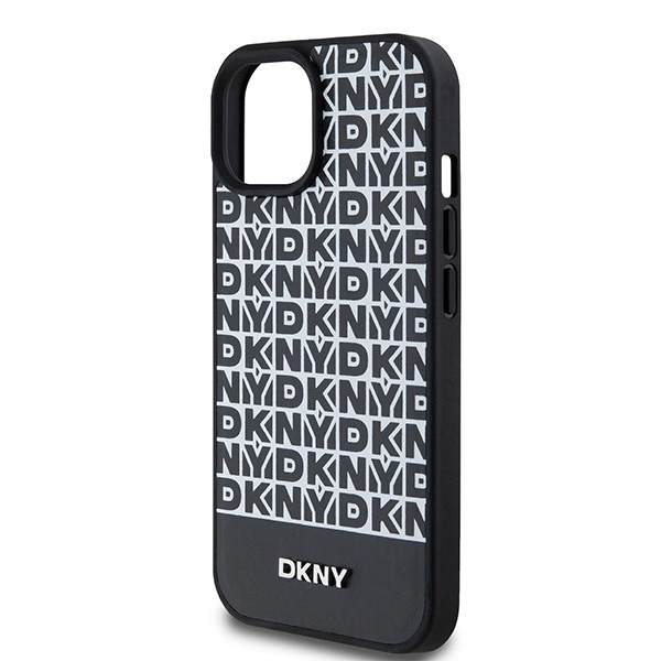 DKNY Leather Printed Pattern Metal Logo MagSafe Case for iPhone 15/14/13 - Blackeng