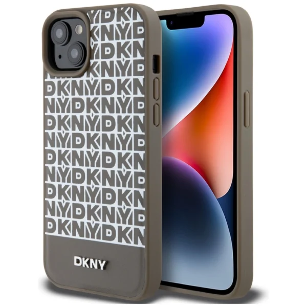 DKNY Leather Printed Pattern Metal Logo MagSafe Case for iPhone 15/14/13 - Browneng