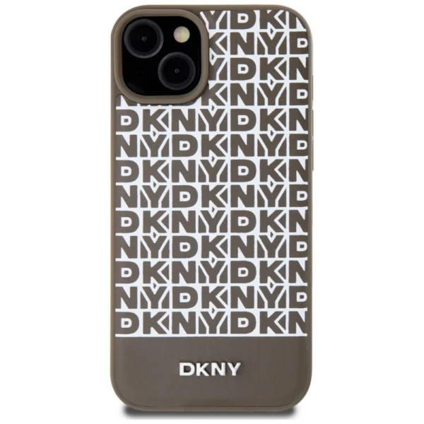 DKNY Leather Printed Pattern Metal Logo MagSafe Case for iPhone 15/14/13 - Browneng