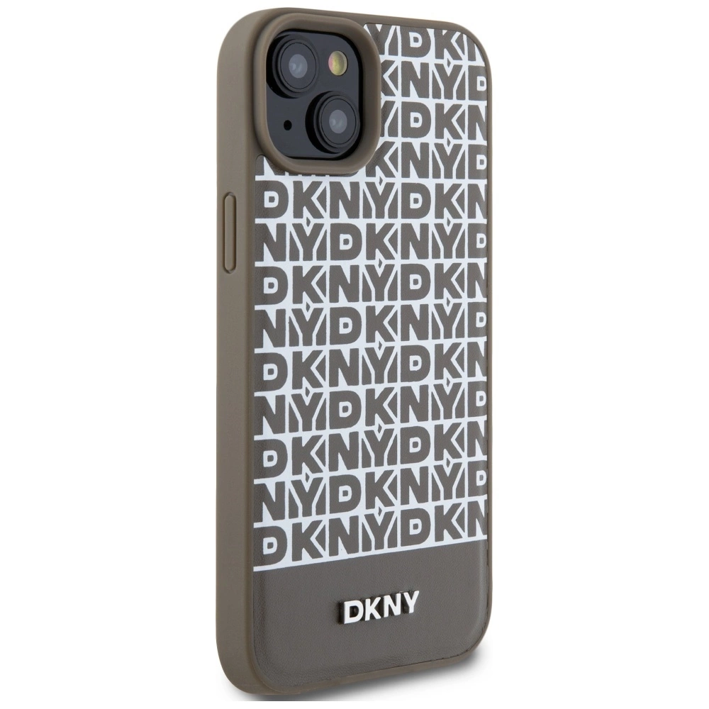 DKNY Leather Printed Pattern Metal Logo MagSafe Case for iPhone 15/14/13 - Browneng
