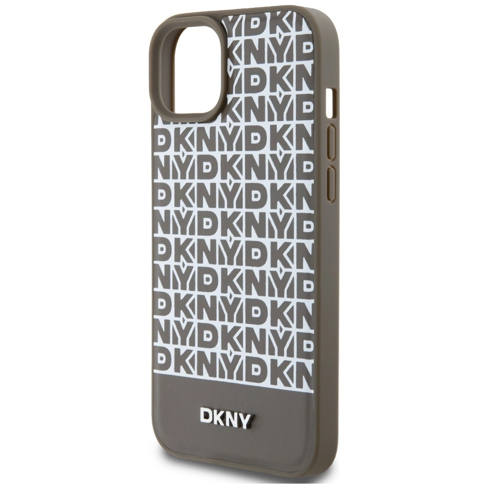 DKNY Leather Printed Pattern Metal Logo MagSafe Case for iPhone 15/14/13 - Browneng