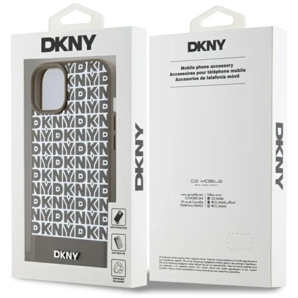 DKNY Leather Printed Pattern Metal Logo MagSafe Case for iPhone 15/14/13 - Browneng