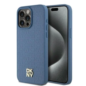 DKNY Leather Monogram Pattern Metal Logo MagSafe Case for iPhone 15 Pro Max - Blueeng