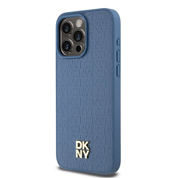 DKNY Leather Monogram Pattern Metal Logo MagSafe Case for iPhone 15 Pro Max - Blueeng