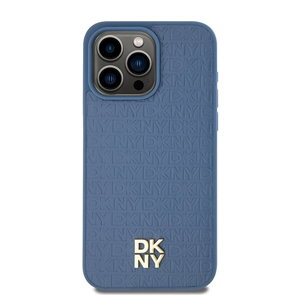 DKNY Leather Monogram Pattern Metal Logo MagSafe Case for iPhone 15 Pro Max - Blueeng