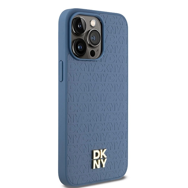 DKNY Leather Monogram Pattern Metal Logo MagSafe Case for iPhone 15 Pro Max - Blueeng