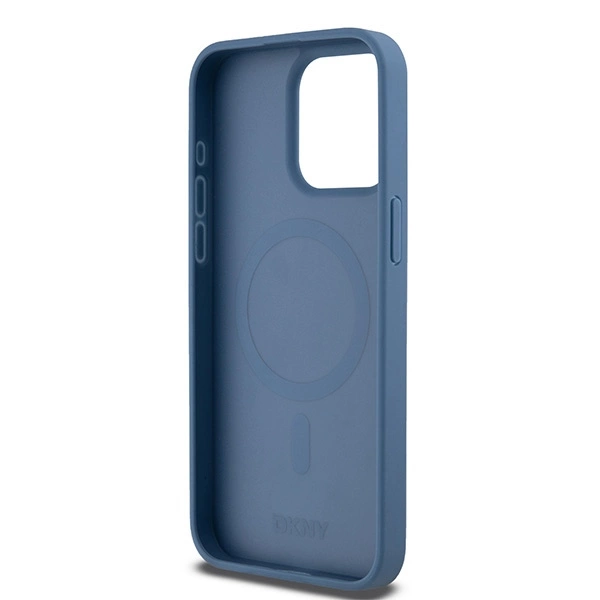 DKNY Leather Monogram Pattern Metal Logo MagSafe Case for iPhone 15 Pro Max - Blueeng