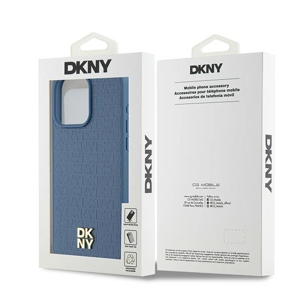 DKNY Leather Monogram Pattern Metal Logo MagSafe Case for iPhone 15 Pro Max - Blueeng
