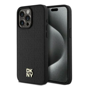 DKNY Leather Monogram Pattern Metal Logo MagSafe Case for iPhone 15 Pro Max - Blackeng