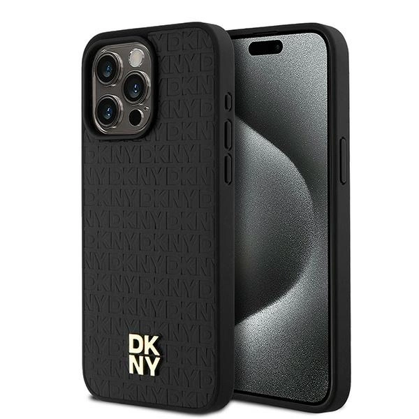 DKNY Leather Monogram Pattern Metal Logo MagSafe Case for iPhone 15 Pro Max - Blackeng