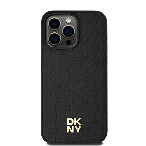 DKNY Leather Monogram Pattern Metal Logo MagSafe Case for iPhone 15 Pro Max - Blackeng