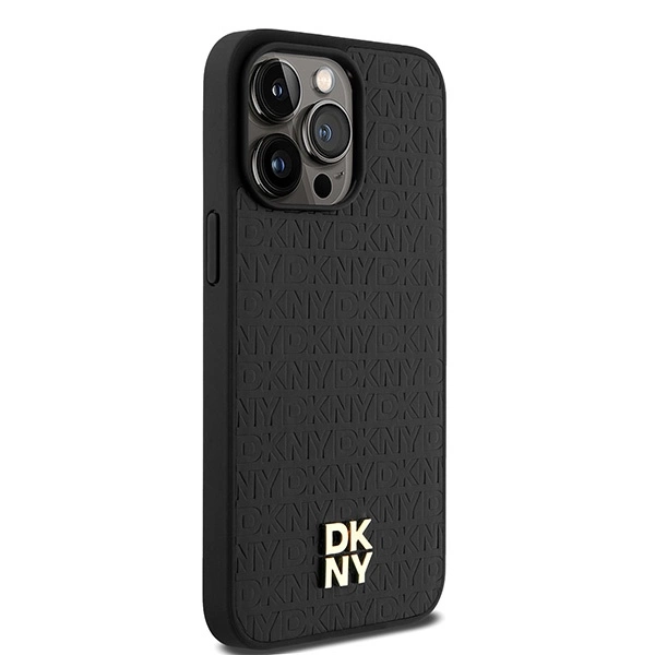 DKNY Leather Monogram Pattern Metal Logo MagSafe Case for iPhone 15 Pro Max - Blackeng