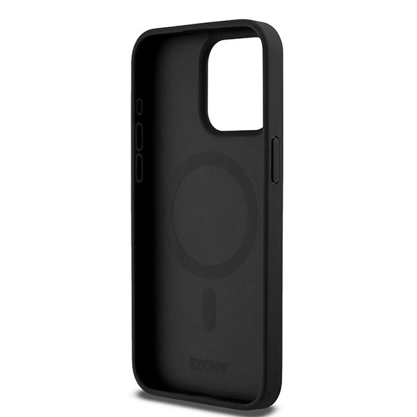 DKNY Leather Monogram Pattern Metal Logo MagSafe Case for iPhone 15 Pro Max - Blackeng
