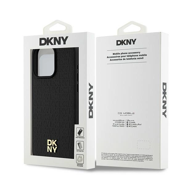 DKNY Leather Monogram Pattern Metal Logo MagSafe Case for iPhone 15 Pro Max - Blackeng