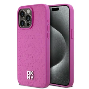 DKNY Leather Monogram Pattern Metal Logo MagSafe Case for iPhone 15 Pro Max - Pinkeng