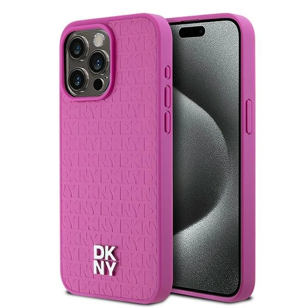 DKNY Leather Monogram Pattern Metal Logo MagSafe Case for iPhone 15 Pro Max - Pinkeng