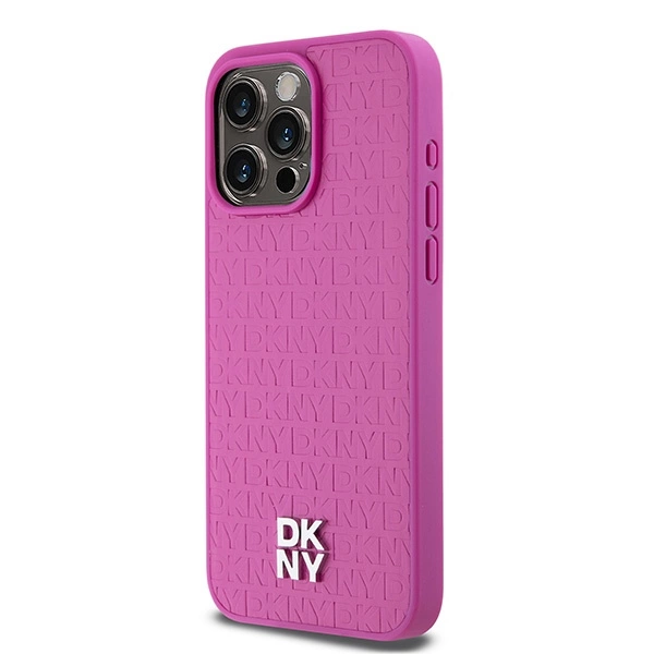 DKNY Leather Monogram Pattern Metal Logo MagSafe Case for iPhone 15 Pro Max - Pinkeng