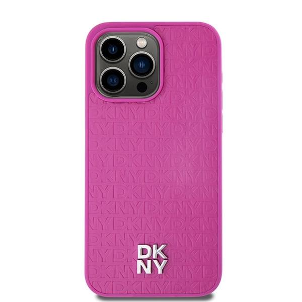 DKNY Leather Monogram Pattern Metal Logo MagSafe Case for iPhone 15 Pro Max - Pinkeng