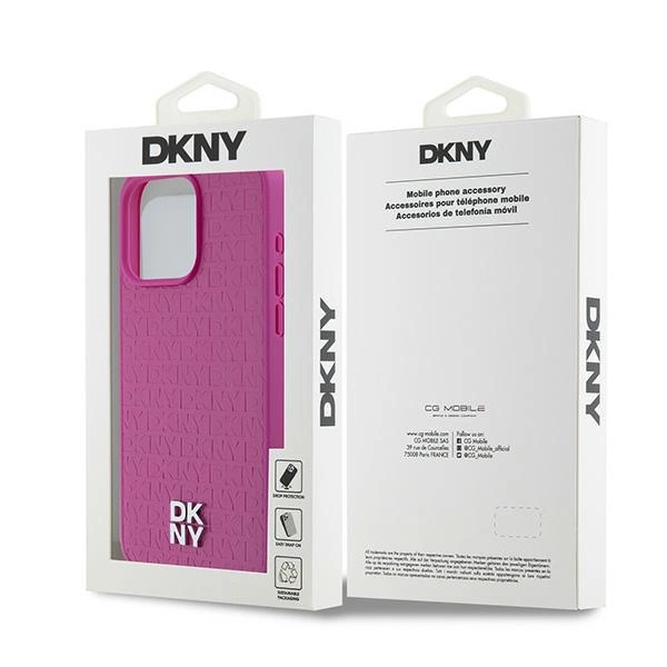 DKNY Leather Monogram Pattern Metal Logo MagSafe Case for iPhone 15 Pro Max - Pinkeng