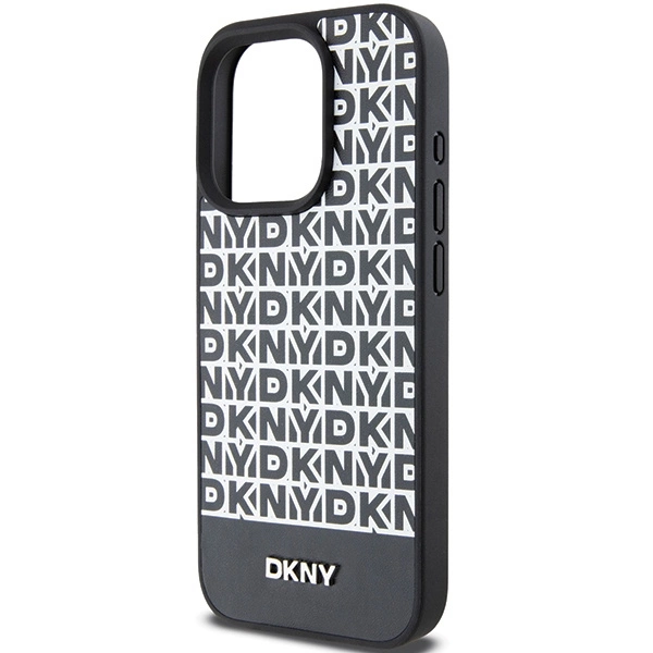 DKNY Leather Printed Pattern Metal Logo MagSafe Case for iPhone 15 Pro Max - Blackeng