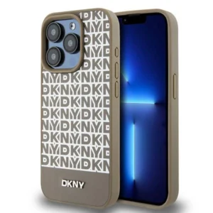 DKNY Leather Printed Pattern Metal Logo MagSafe Case for iPhone 15 Pro Max - Browneng