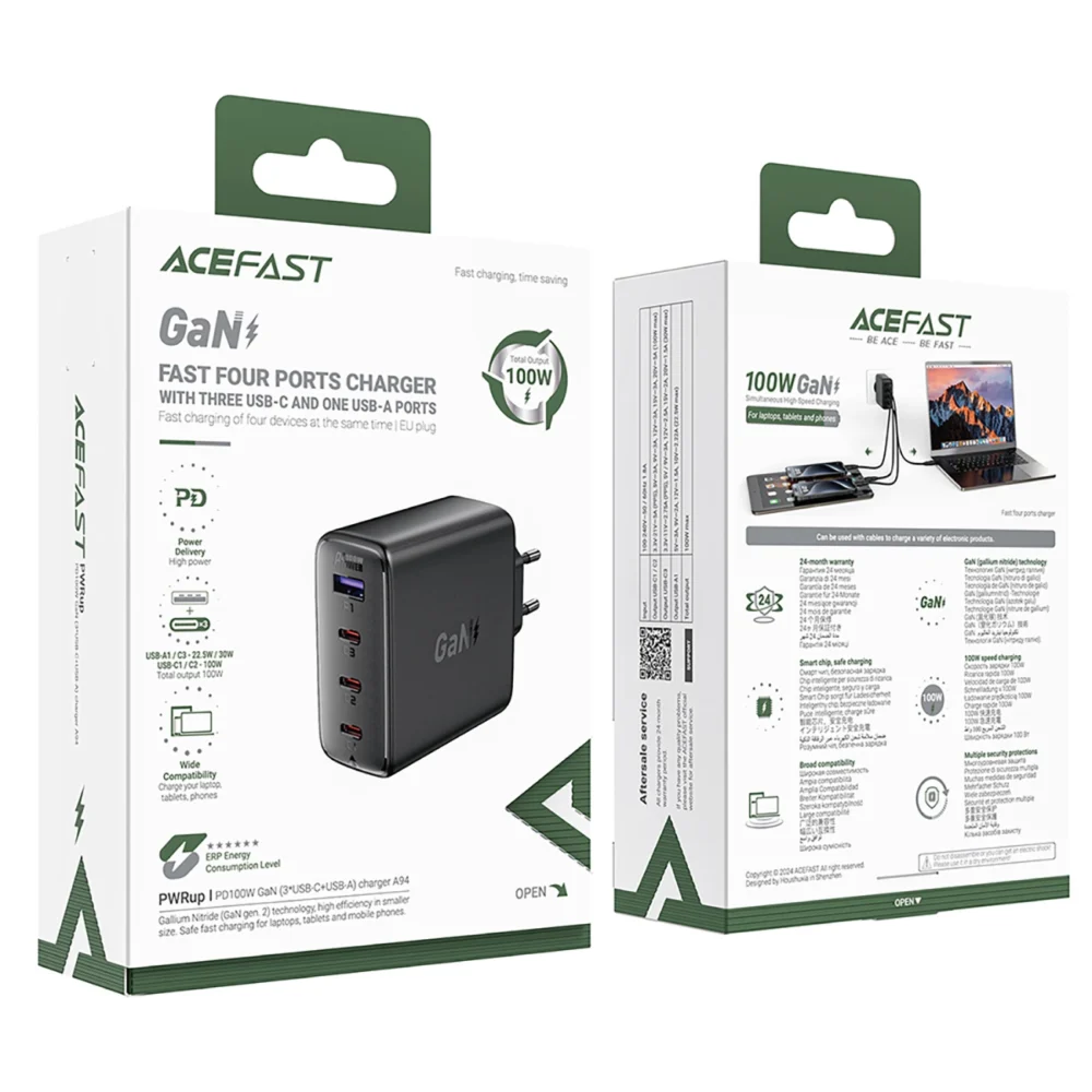 Acefast A94 Charger Network GaN2 USB-A / 3x USB-C PD 100W - Blackeng