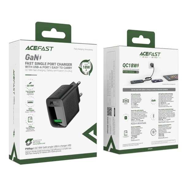 Acefast A90 Charger GaN USB-A QC 18W - Blackeng