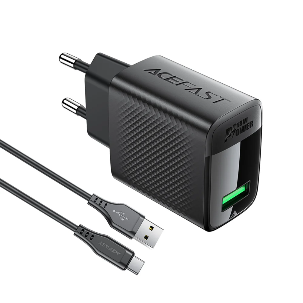 Acefast A90 GaN USB-A QC 18W Charger - Black + USB-A / USB-C Cableeng