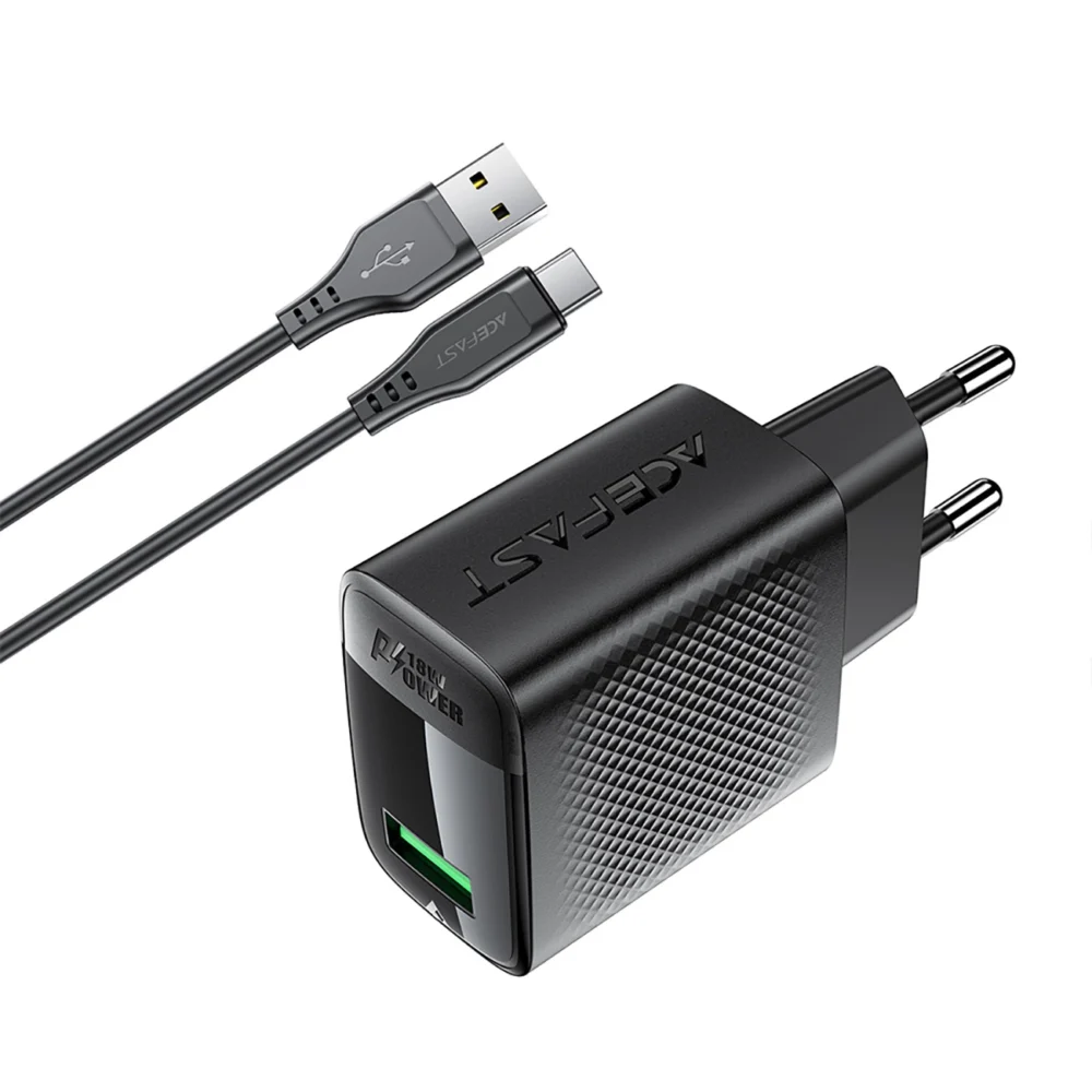 Acefast A90 GaN USB-A QC 18W Charger - Black + USB-A / USB-C Cableeng