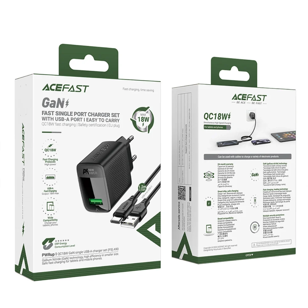 Acefast A90 GaN USB-A QC 18W Charger - Black + USB-A / USB-C Cableeng
