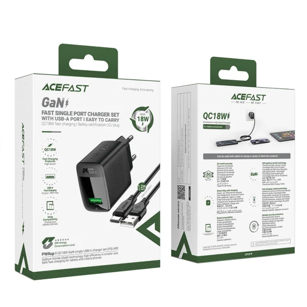 Acefast A90 GaN USB-A QC 18W Charger - Black + USB-A / USB-C Cableeng