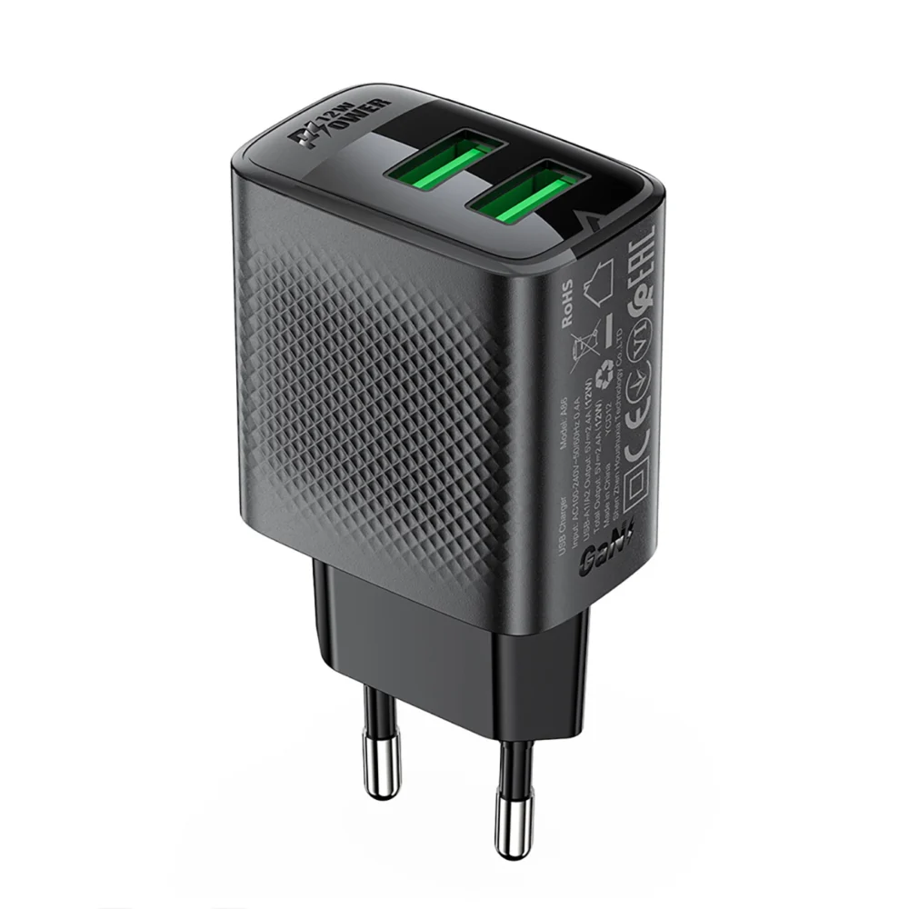 Acefast A86 mains charger 2x USB-A 12W - blackeng