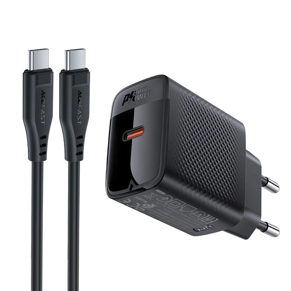 Acefast A82 Network Charger GaN USB-C PD 20W - Black + USB-C / USB-C Cableeng