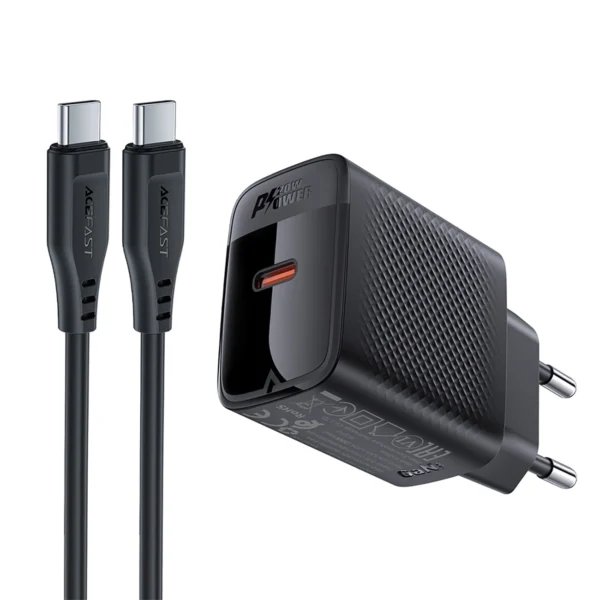 Acefast A82 Network Charger GaN USB-C PD 20W - Black + USB-C / USB-C Cableeng