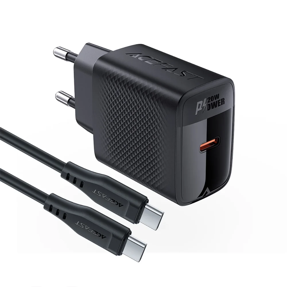 Acefast A82 Network Charger GaN USB-C PD 20W - Black + USB-C / USB-C Cableeng