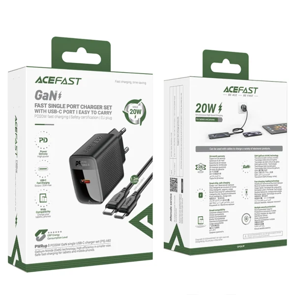 Acefast A82 Network Charger GaN USB-C PD 20W - Black + USB-C / USB-C Cableeng