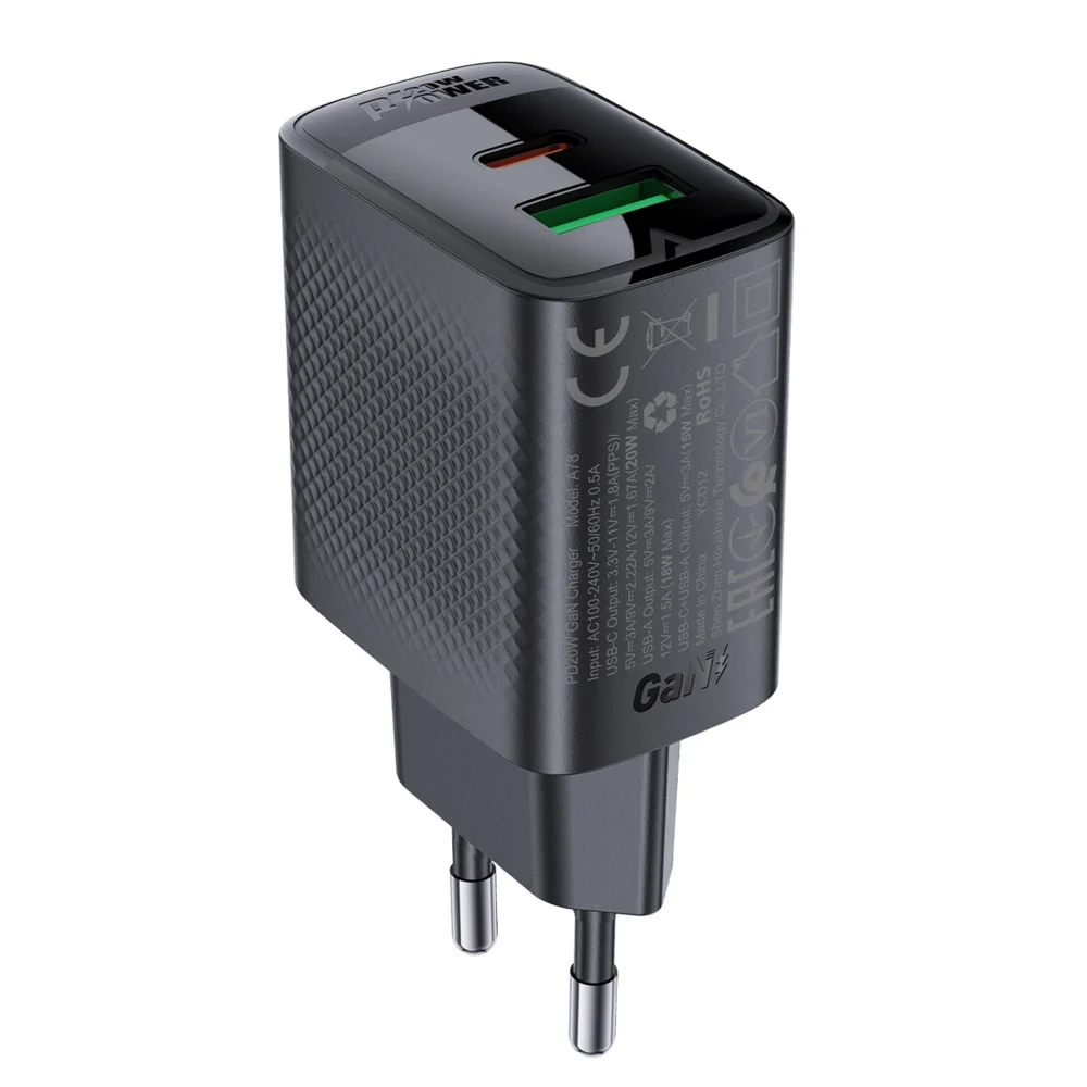 Acefast A78 Charger Network GaN USB-A / USB-C PD 20W - Blackeng