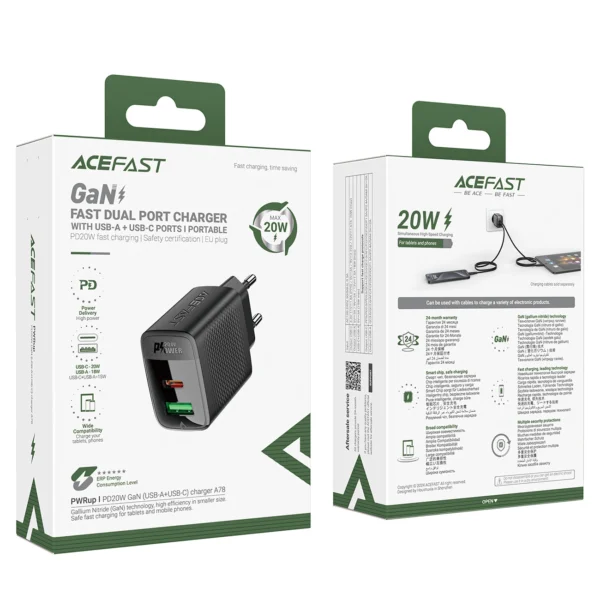 Acefast A78 Charger Network GaN USB-A / USB-C PD 20W - Blackeng
