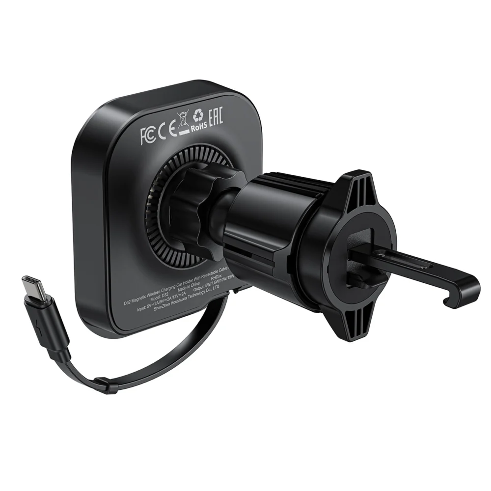 Acefast D32 Magnetic Air Vent Holder with 15W Inductive Charger with Retractable USB-C Cable - Blackeng