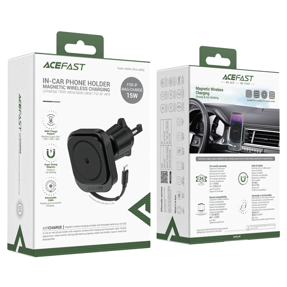 Acefast D32 Magnetic Air Vent Holder with 15W Inductive Charger with Retractable USB-C Cable - Blackeng
