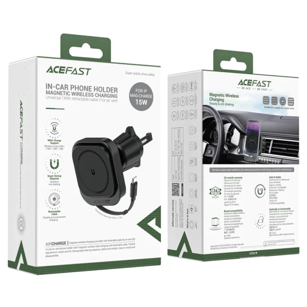 Acefast D32 Magnetic Air Vent Holder with 15W Inductive Charger with Retractable USB-C Cable - Blackeng