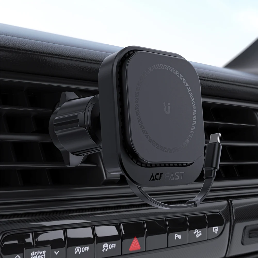 Acefast D32 Magnetic Air Vent Holder with 15W Inductive Charger with Retractable USB-C Cable - Blackeng