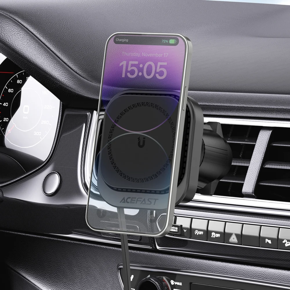 Acefast D32 Magnetic Air Vent Holder with 15W Inductive Charger with Retractable USB-C Cable - Blackeng