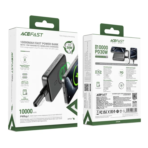 Powerbank Acefast M10 Magnetic 2x USB-C PD 30W with 15W Inductive Charging and USB-C Cable - Blackeng
