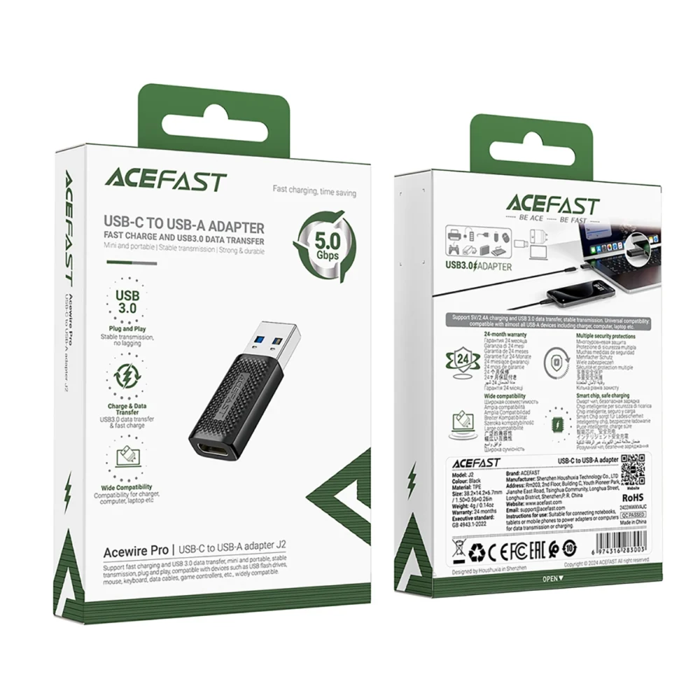 Acefast J2 USB-C 3.0 (Female) to USB-A 3.0 (Male) 5Gb/s Adapter - Blackeng