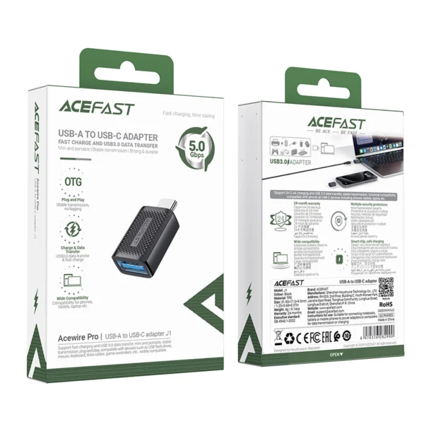 Acefast J1 USB-A 3.0 (Female) to USB-C 3.0 (Male) 5Gb/s Adapter - Blackeng