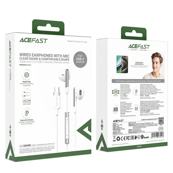 Acefast L3 Wired USB-C Headphones with Microphone - Whiteeng