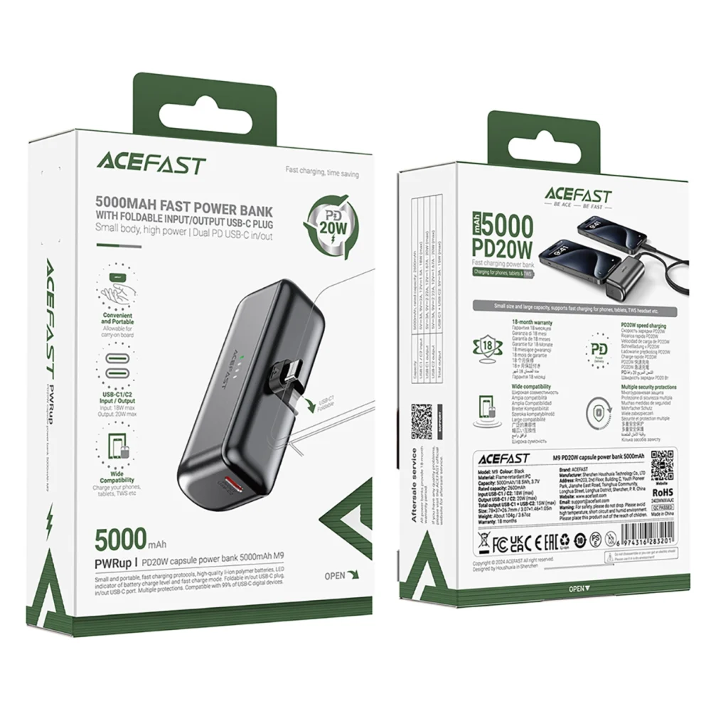 Powerbank Acefast M9 5000mAh USB-C (male) / USB-C (female) PD 20W - blackeng