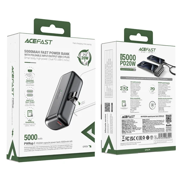 Powerbank Acefast M9 5000mAh USB-C (male) / USB-C (female) PD 20W - blackeng