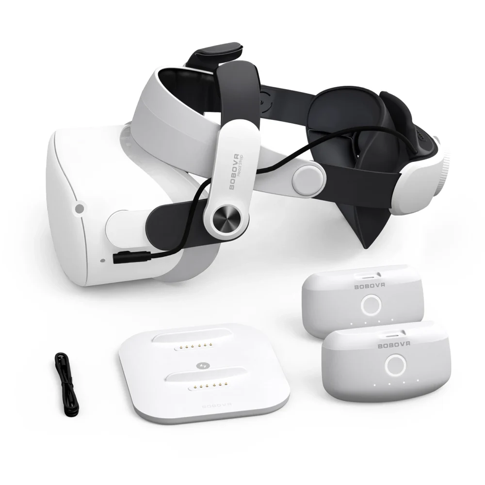 BoboVR M2+ 2 strain relief strap for Meta Quest 2 + 2x B2 battery + BD2 charging station - white and blackeng